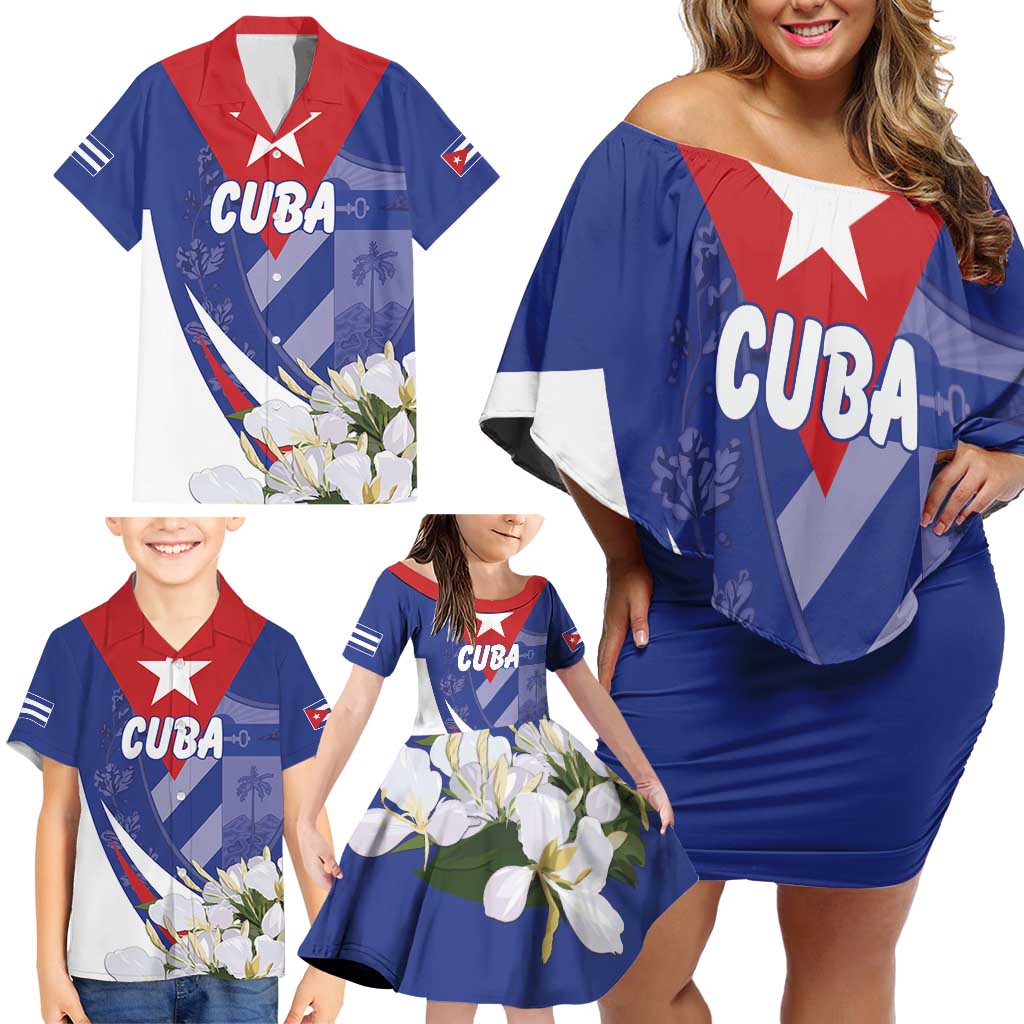 Personalized Cuba Hedychium Coronarium Family Matching Off Shoulder Short Dress and Hawaiian Shirt With Coat Of Arms - Wonder Print Shop