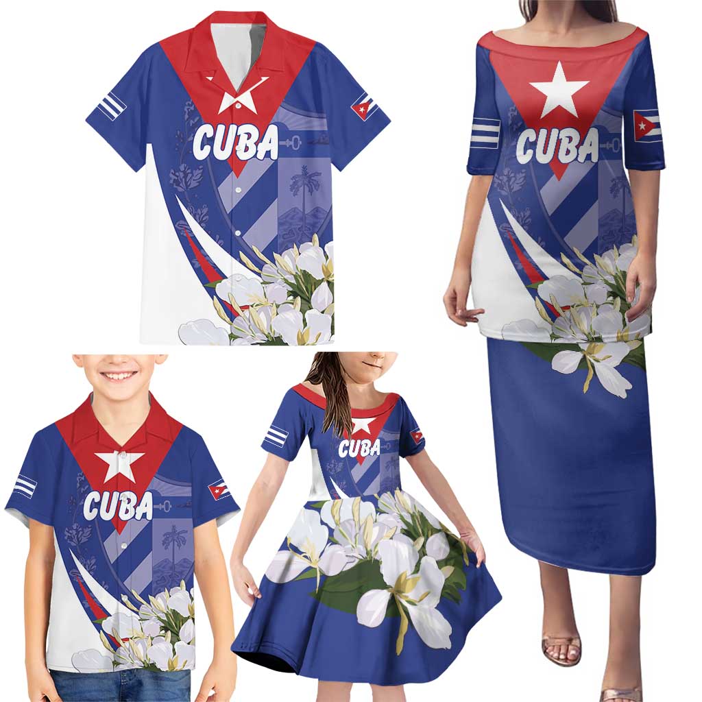 Personalized Cuba Hedychium Coronarium Family Matching Puletasi and Hawaiian Shirt With Coat Of Arms - Wonder Print Shop