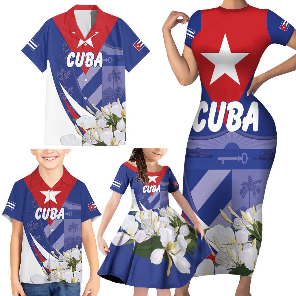 Personalized Cuba Hedychium Coronarium Family Matching Short Sleeve Bodycon Dress and Hawaiian Shirt With Coat Of Arms - Wonder Print Shop