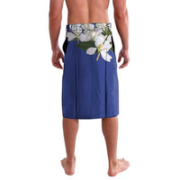 Men's blue swim shorts with floral print and elastic waistband, full front view