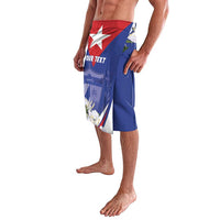 Men's blue swim shorts with Cuban flag panel print and side slit, elastic waistband