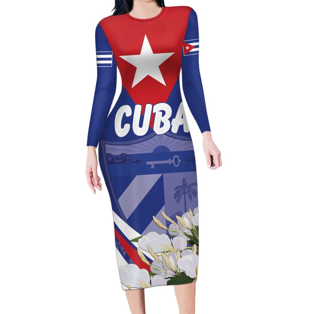 Personalized Cuba Hedychium Coronarium Long Sleeve Bodycon Dress With Coat Of Arms - Wonder Print Shop