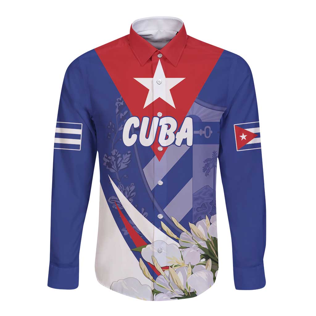 Personalized Cuba Hedychium Coronarium Long Sleeve Button Shirt With Coat Of Arms - Wonder Print Shop