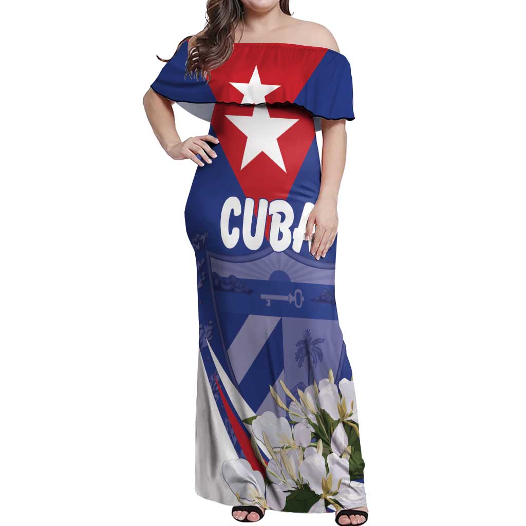 Personalized Cuba Hedychium Coronarium Off Shoulder Maxi Dress With Coat Of Arms - Wonder Print Shop