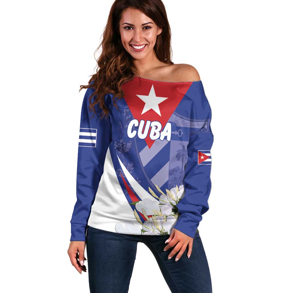 Personalized Cuba Hedychium Coronarium Off Shoulder Sweater With Coat Of Arms - Wonder Print Shop