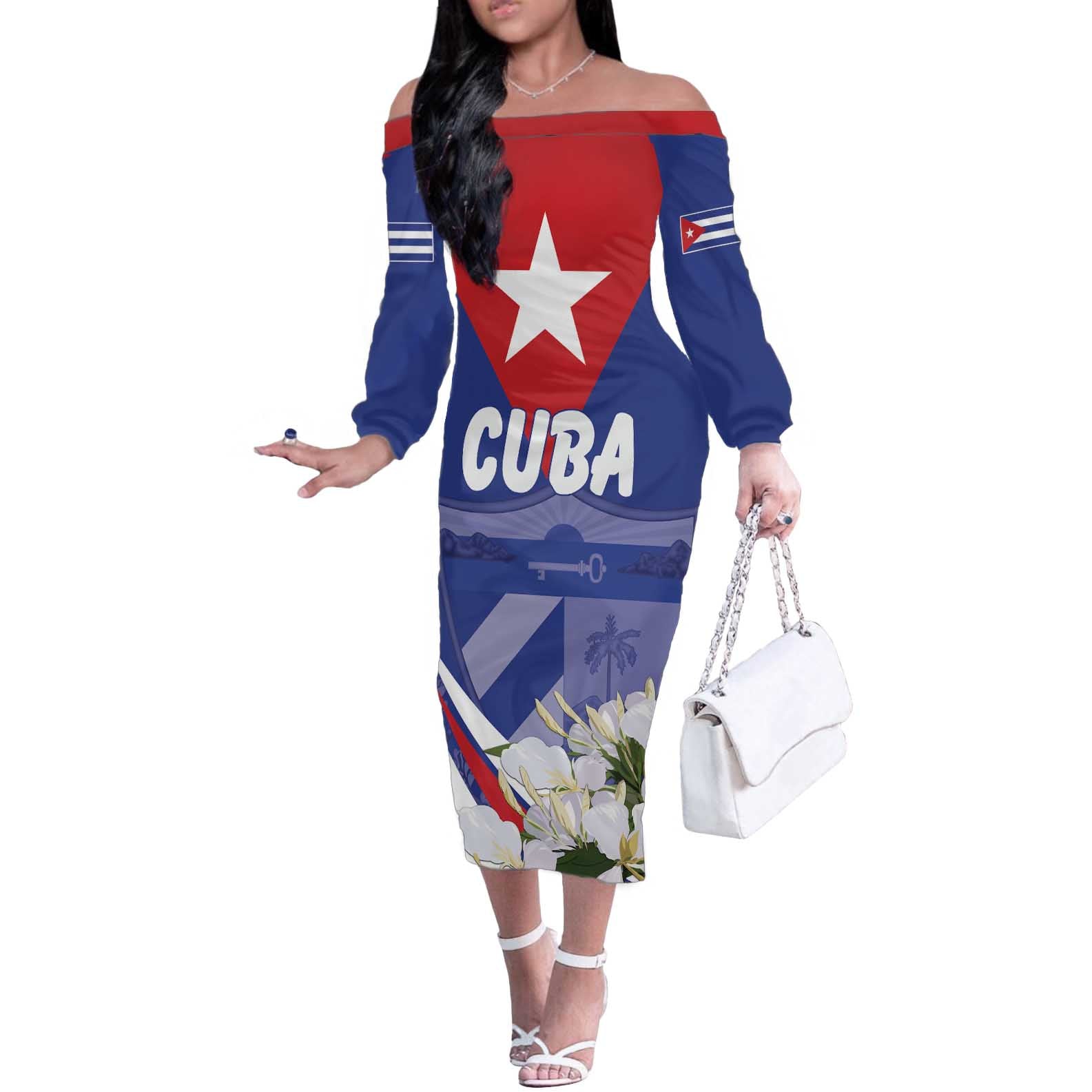 Personalized Cuba Hedychium Coronarium Off The Shoulder Long Sleeve Dress With Coat Of Arms - Wonder Print Shop