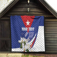 Personalized quilt blanket hanging in doorway, Cuban flag design with red star and “YOUR TEXT”