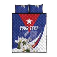 Blue quilt bed set and two pillows with flag star, floral print, and YOUR TEXT