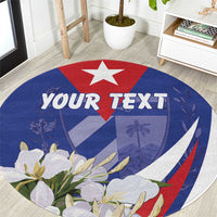 Personalized round rug with blue Cuban flag center, red star, and floral edge with text