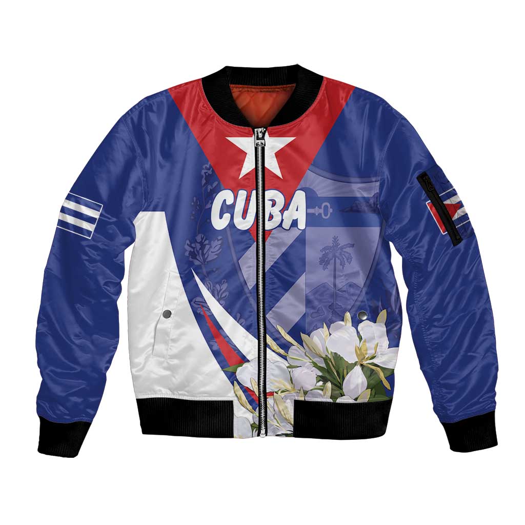 Personalized Cuba Hedychium Coronarium Sleeve Zip Bomber Jacket With Coat Of Arms - Wonder Print Shop