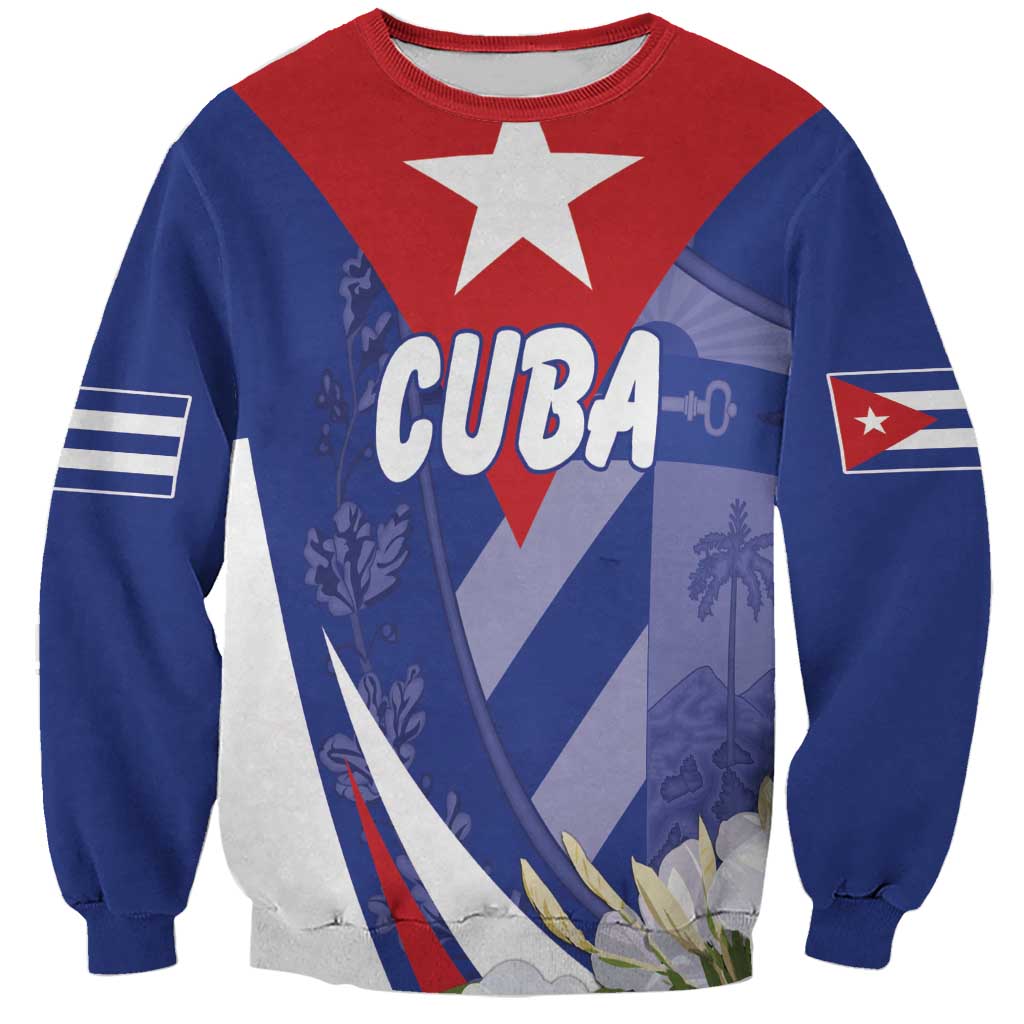 Blue unisex sweatshirt with red graphic diamond, white star, and Cuba flag text