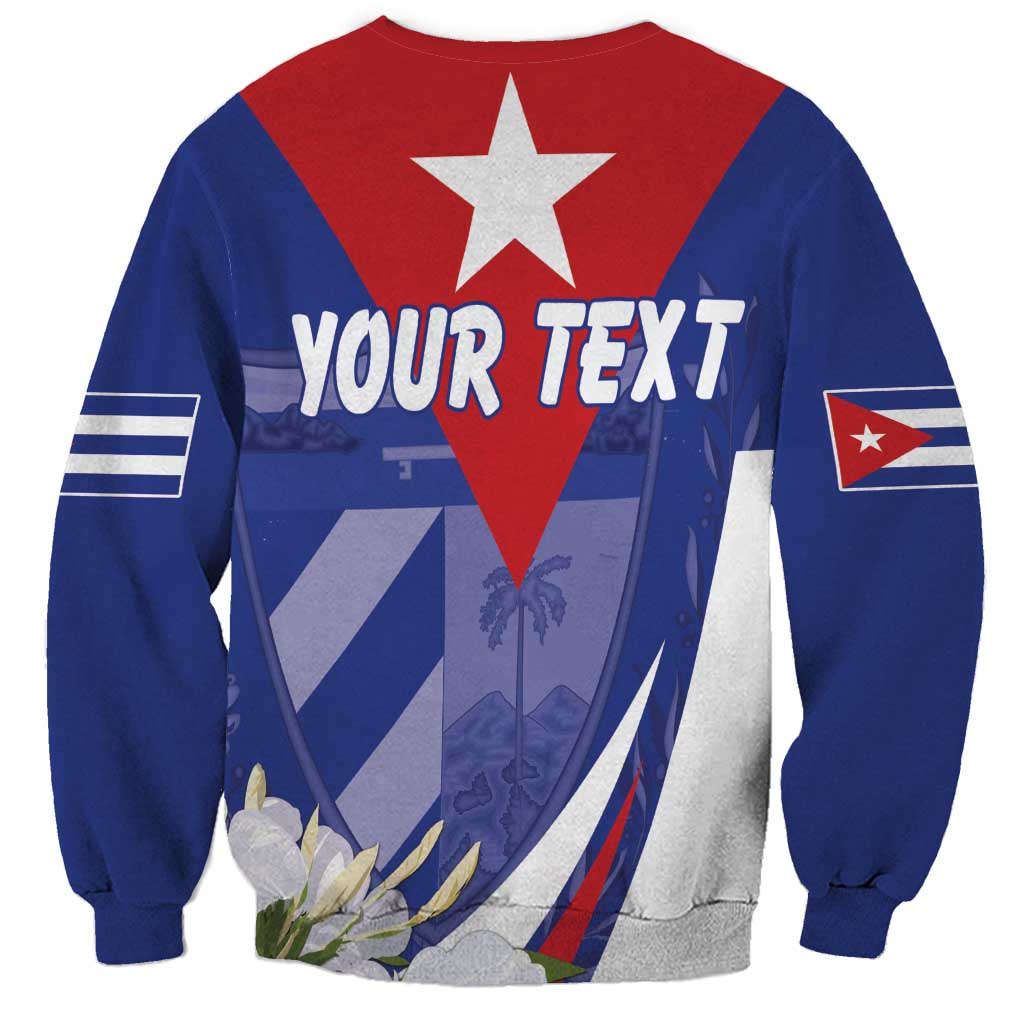 Blue unisex sweatshirt back with red diamond star and "YOUR TEXT" graphic over flag