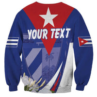 Blue unisex sweatshirt back with red diamond star and "YOUR TEXT" graphic over flag