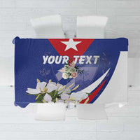 Close-up blue tablecloth showing “YOUR TEXT” over patriotic artwork