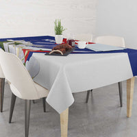 Blue and white personalized tablecloth with colorful graphic center panel