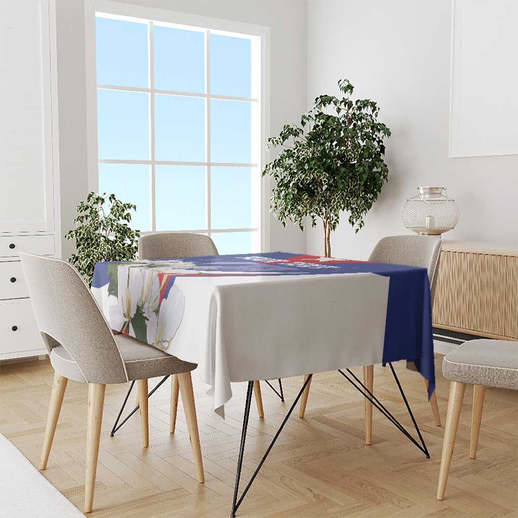 Blue personalized tablecloth with floral details and graphic centerpiece design