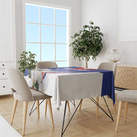 Blue personalized tablecloth with floral details and graphic centerpiece design