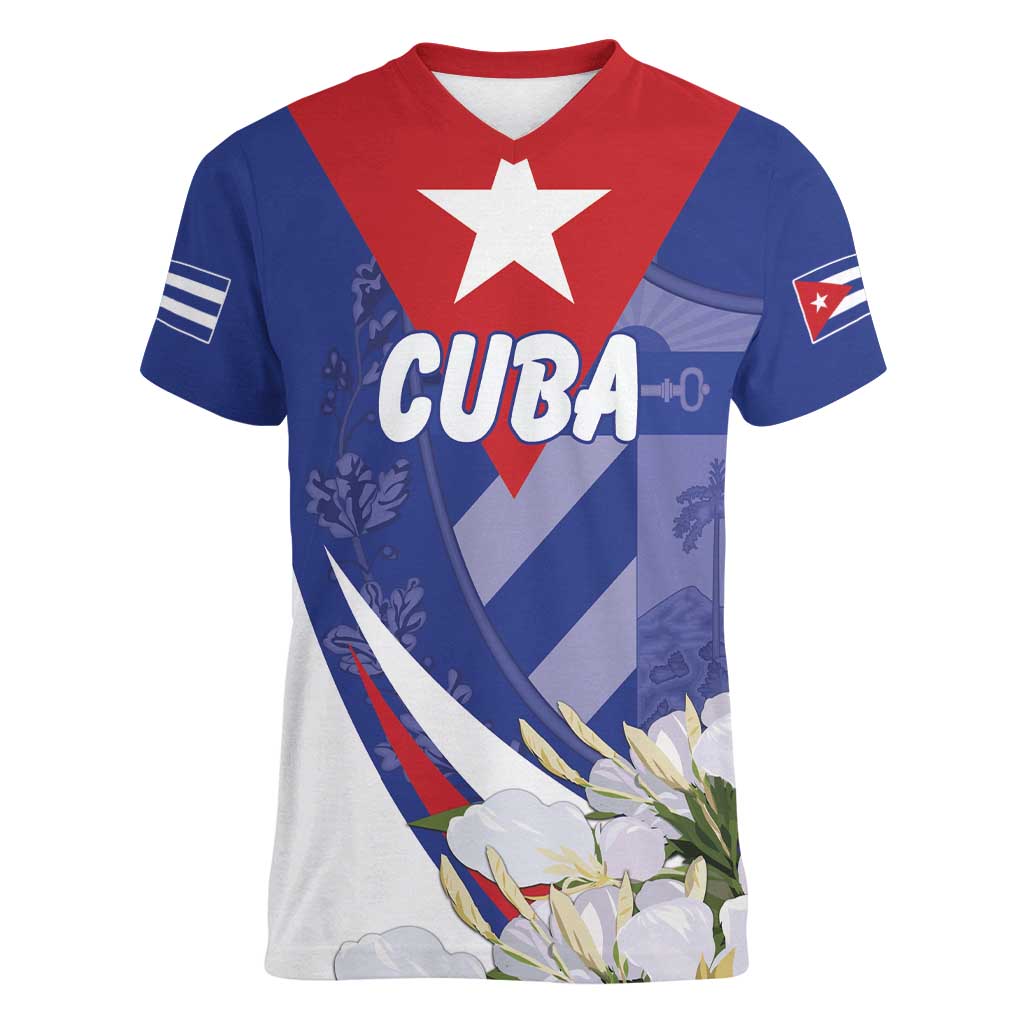 Personalized Cuba Hedychium Coronarium Women V-Neck T-Shirt With Coat Of Arms - Wonder Print Shop