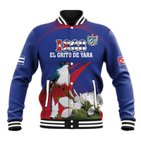 Unisex blue baseball jacket with 1868 emblem, bird and tropical floral graphic