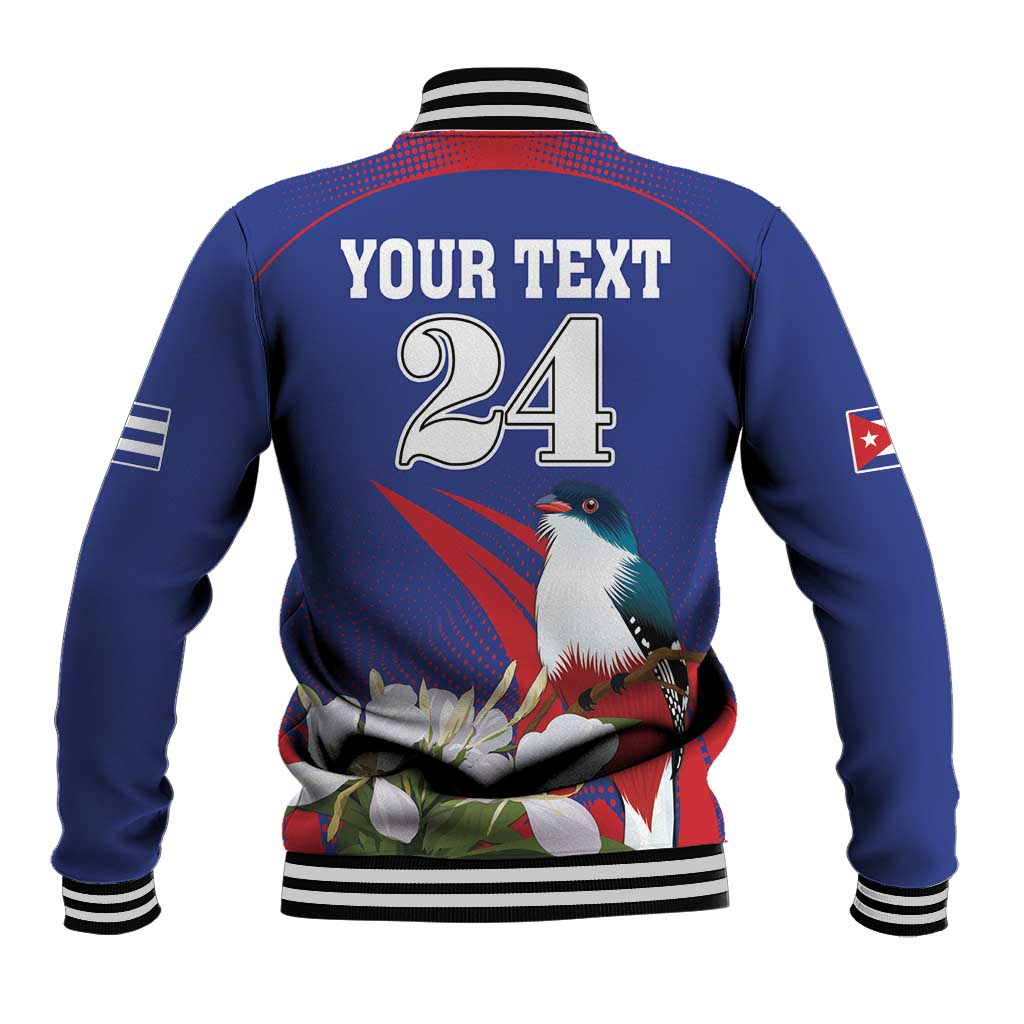 Unisex blue baseball jacket with striped rib collar and back '24' graphic with bird