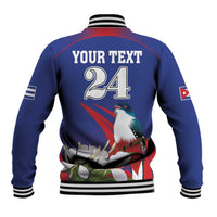 Unisex blue baseball jacket with striped rib collar and back '24' graphic with bird