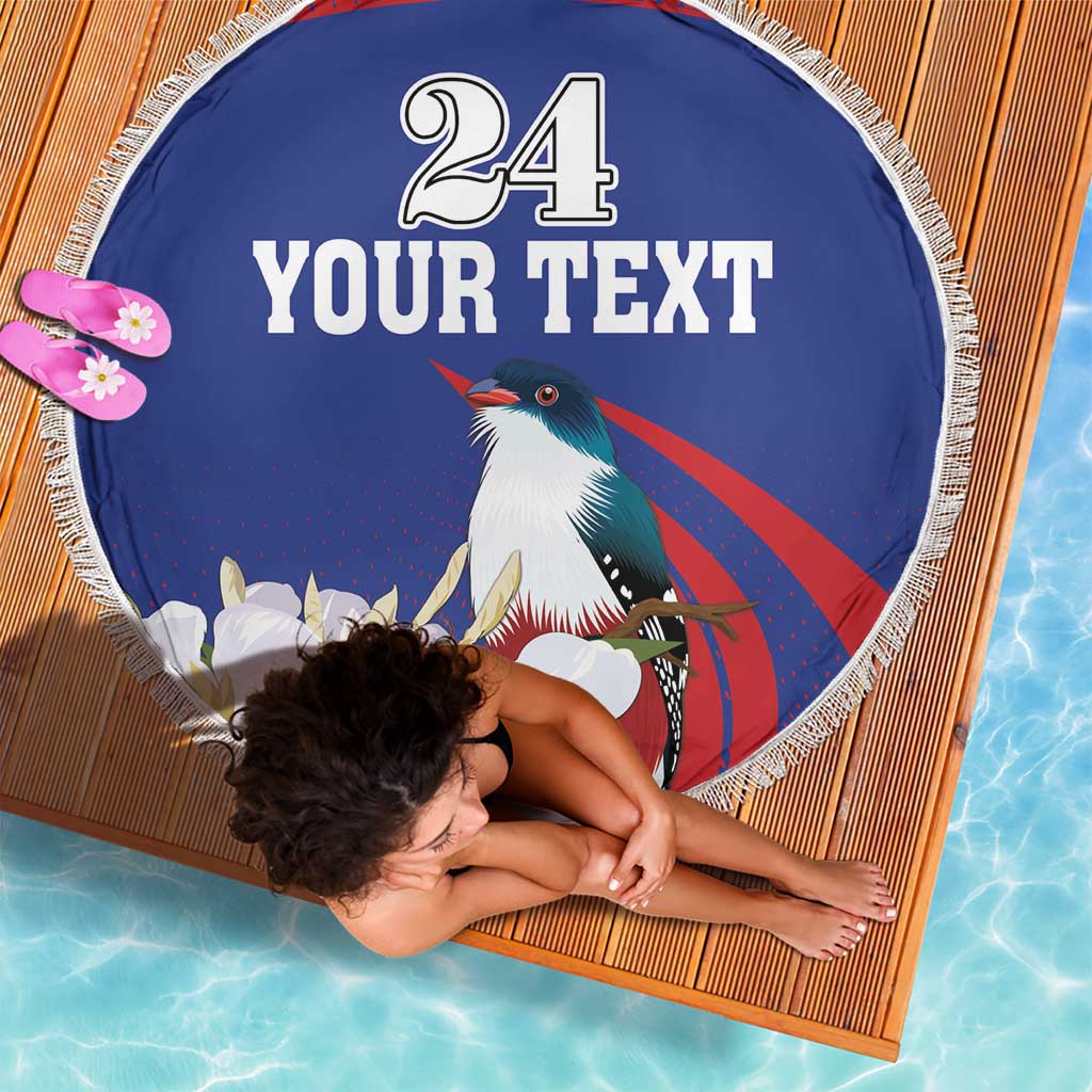 Blue round beach blanket with white fringe, '24 YOUR TEXT' and bird-and-flower design