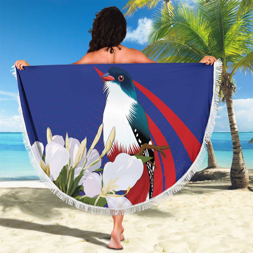 Blue round beach blanket with white fringe, bird and flowers, '24 YOUR TEXT' centered