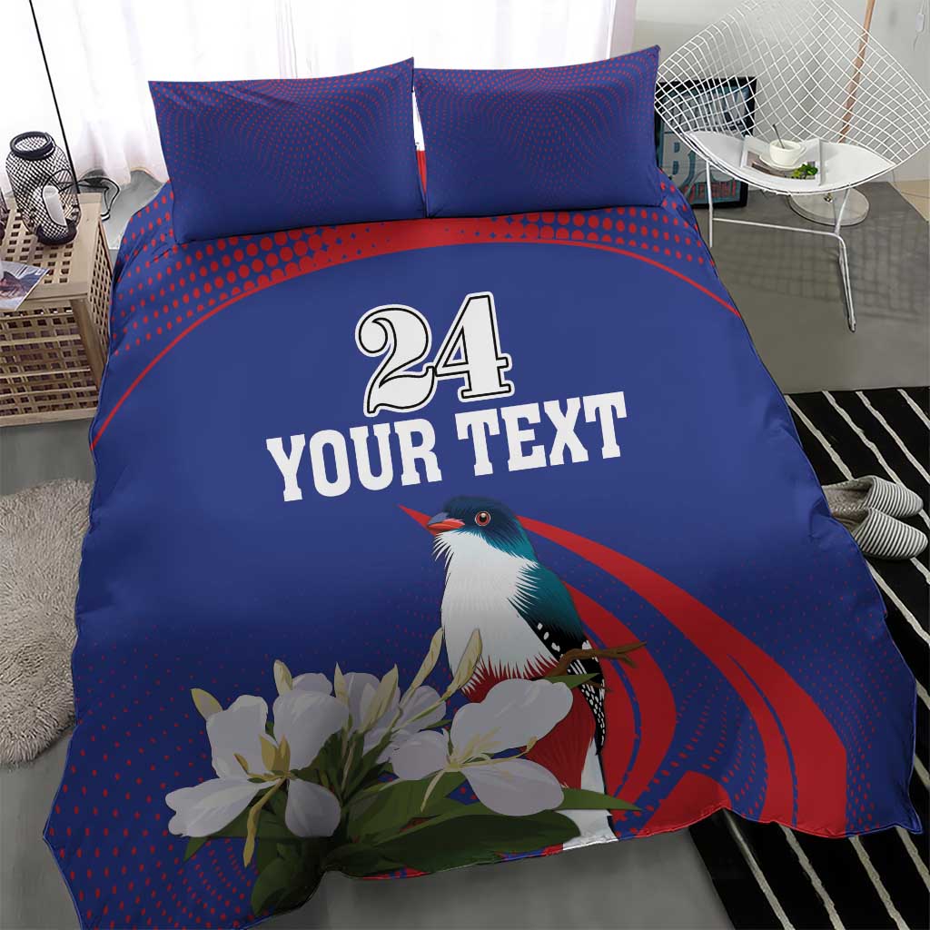 Blue duvet and two pillowcases featuring bird, white flowers, and “24 YOUR TEXT”