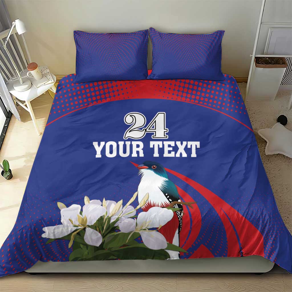 Blue bedding set with bird and white flowers on duvet, “24 YOUR TEXT”