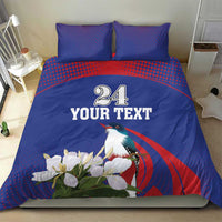 Blue bedding set with bird and white flowers on duvet, “24 YOUR TEXT”