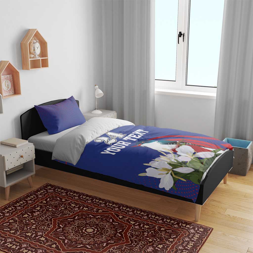 Blue bedding set with duvet and two pillowcases, bird and white flowers, “YOUR TEXT”