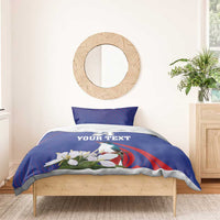 Blue duvet and pillowcase with bird and white flowers, “YOUR TEXT”