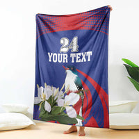 Custom blanket blue and red with bird and white flowers, YOUR TEXT 24 on front