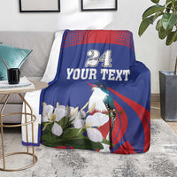 Custom blanket blue and red with bird and white flowers, YOUR TEXT 24 over chair