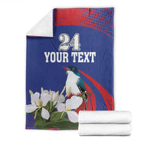 Custom blanket blue and red with bird, white flowers, YOUR TEXT 24, folded