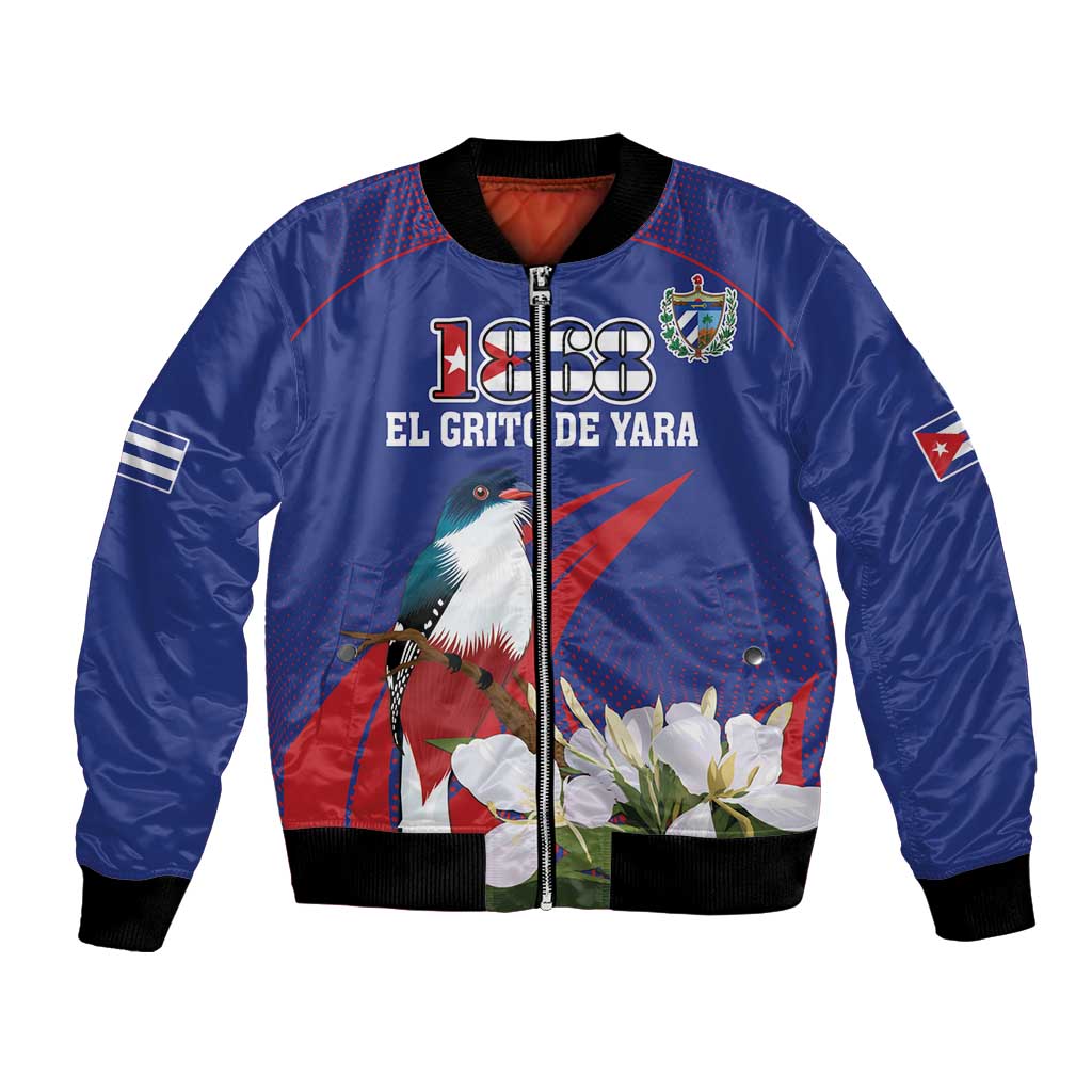 Blue bomber jacket with front zipper, bird and flowers graphic, Cuba flag patch