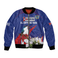 Blue bomber jacket with front zipper, bird and flowers graphic, Cuba flag patch