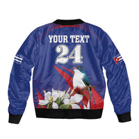 Blue bomber jacket with back print 'YOUR TEXT 24', bird and flowers, flag patch