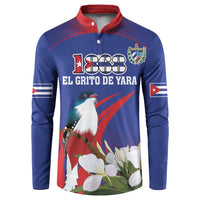 Blue button sweatshirt with red collar, 1868 text, bird and flowers graphic