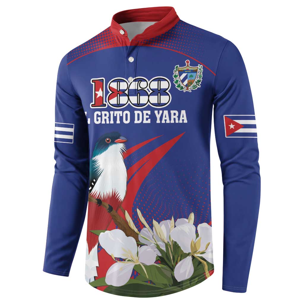 Blue button sweatshirt with red collar, 1868 text, bird and flowers; flag sleeve
