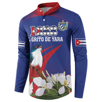 Blue button sweatshirt with red collar, 1868 text, bird and flowers; flag sleeve