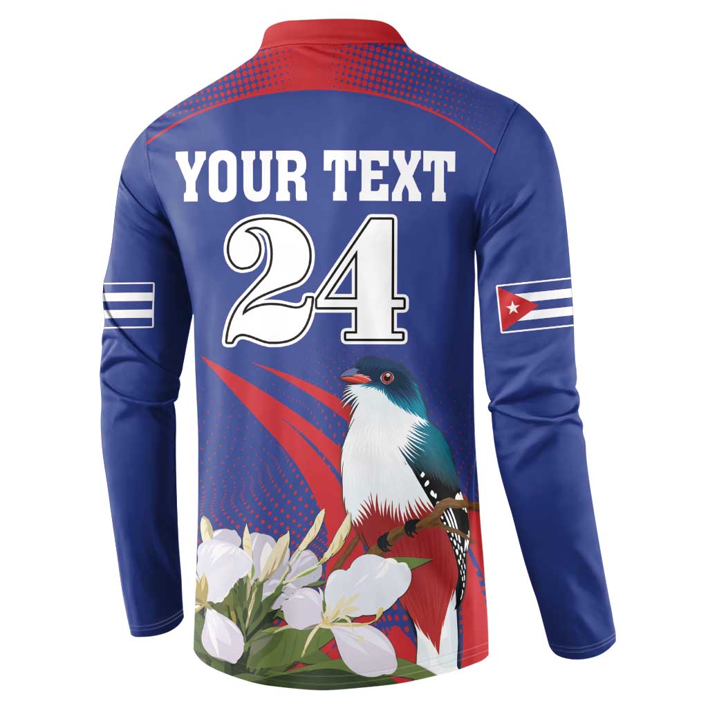 Blue button sweatshirt back with 'YOUR TEXT 24' graphic, bird and flowers