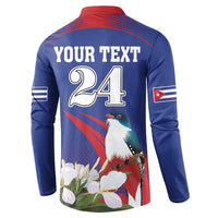 Blue button sweatshirt back with 'YOUR TEXT 24' graphic, bird and flowers