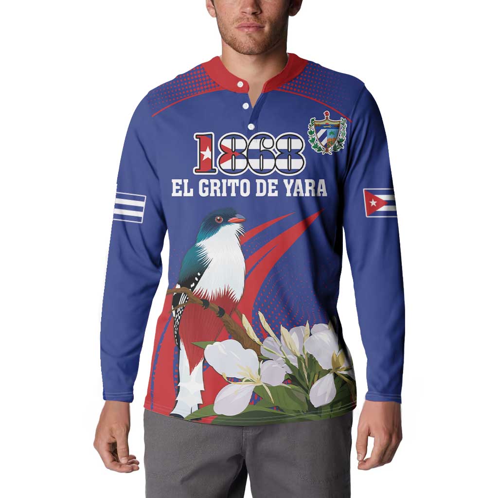 Blue button sweatshirt with red collar, 1868 and 'EL GRITO DE YARA' front graphic