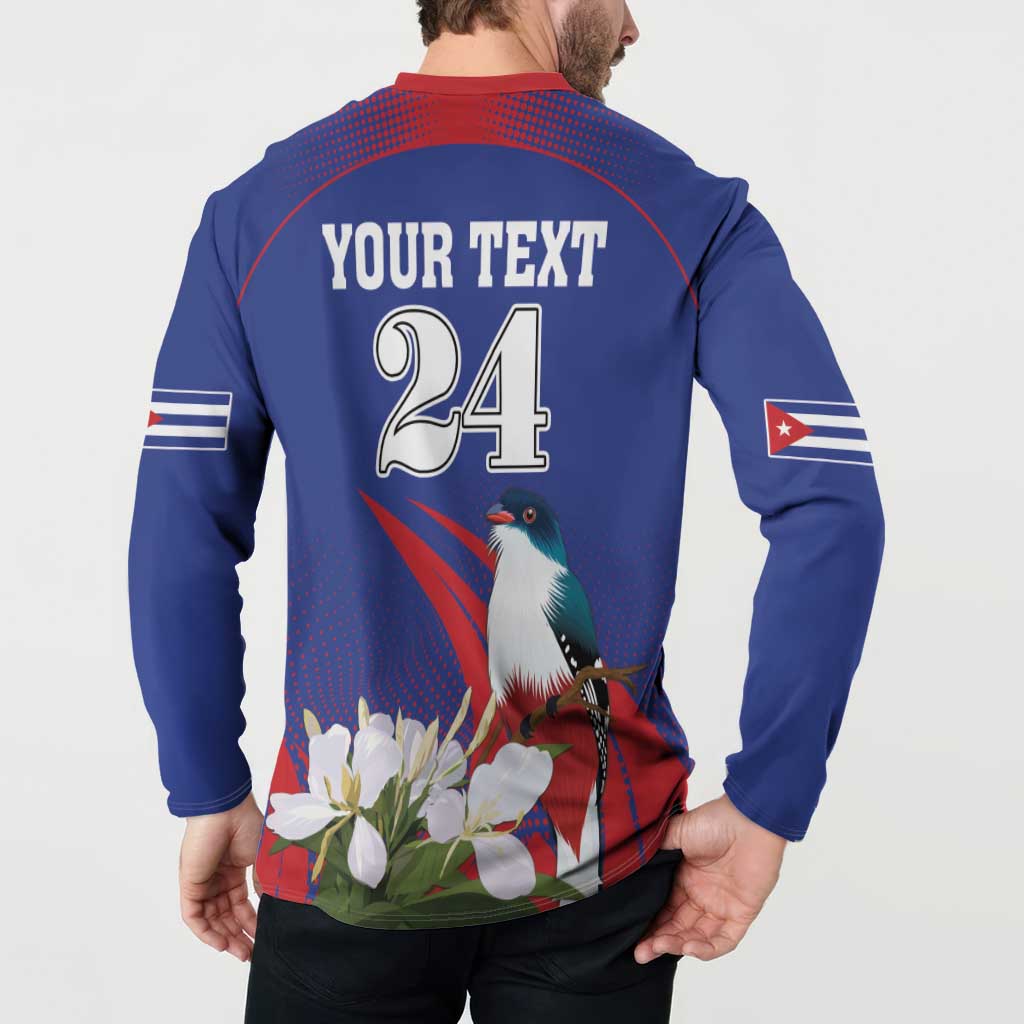 Blue button sweatshirt back 'YOUR TEXT 24' with bird, flowers, and flag sleeve