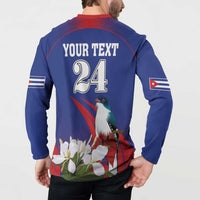 Blue button sweatshirt back 'YOUR TEXT 24' with bird, flowers, and flag sleeve
