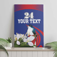 Blue canvas wall art reading “24 YOUR TEXT” with a blue bird, red swirl, and white blooms
