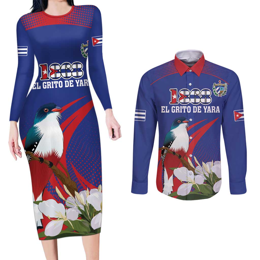 Custom Cuba Independence Day 1868 Couples Matching Long Sleeve Bodycon Dress and Long Sleeve Button Shirt Tocororo With White Mariposa - Wonder Print Shop