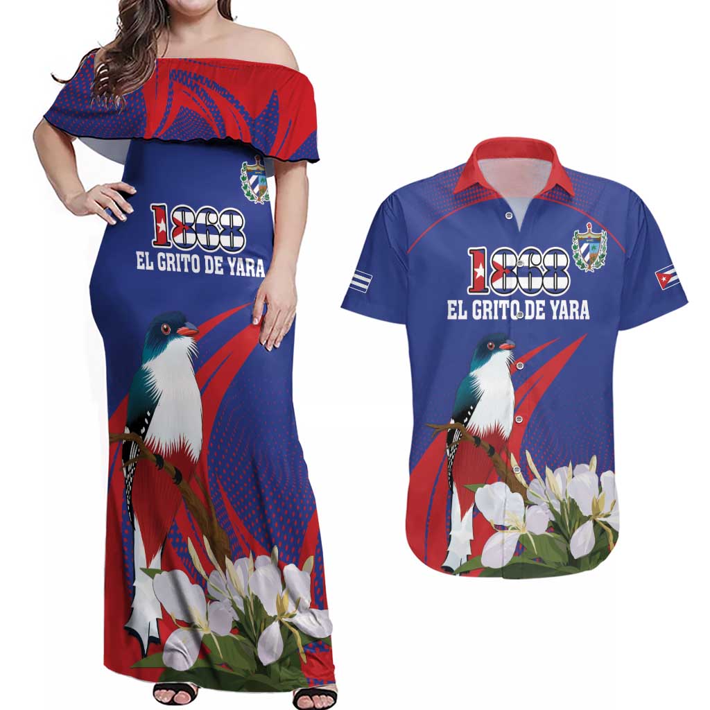 Custom Cuba Independence Day 1868 Couples Matching Off Shoulder Maxi Dress and Hawaiian Shirt Tocororo With White Mariposa - Wonder Print Shop