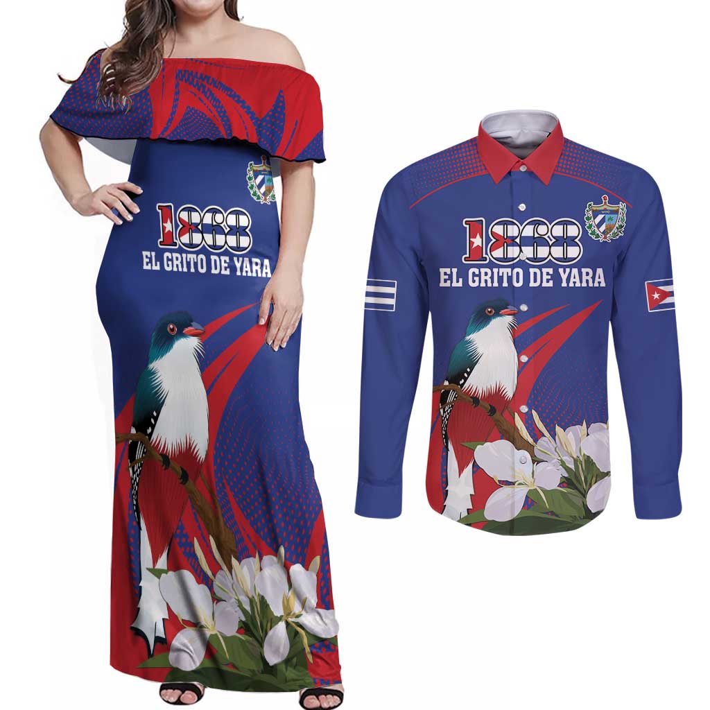 Custom Cuba Independence Day 1868 Couples Matching Off Shoulder Maxi Dress and Long Sleeve Button Shirt Tocororo With White Mariposa - Wonder Print Shop